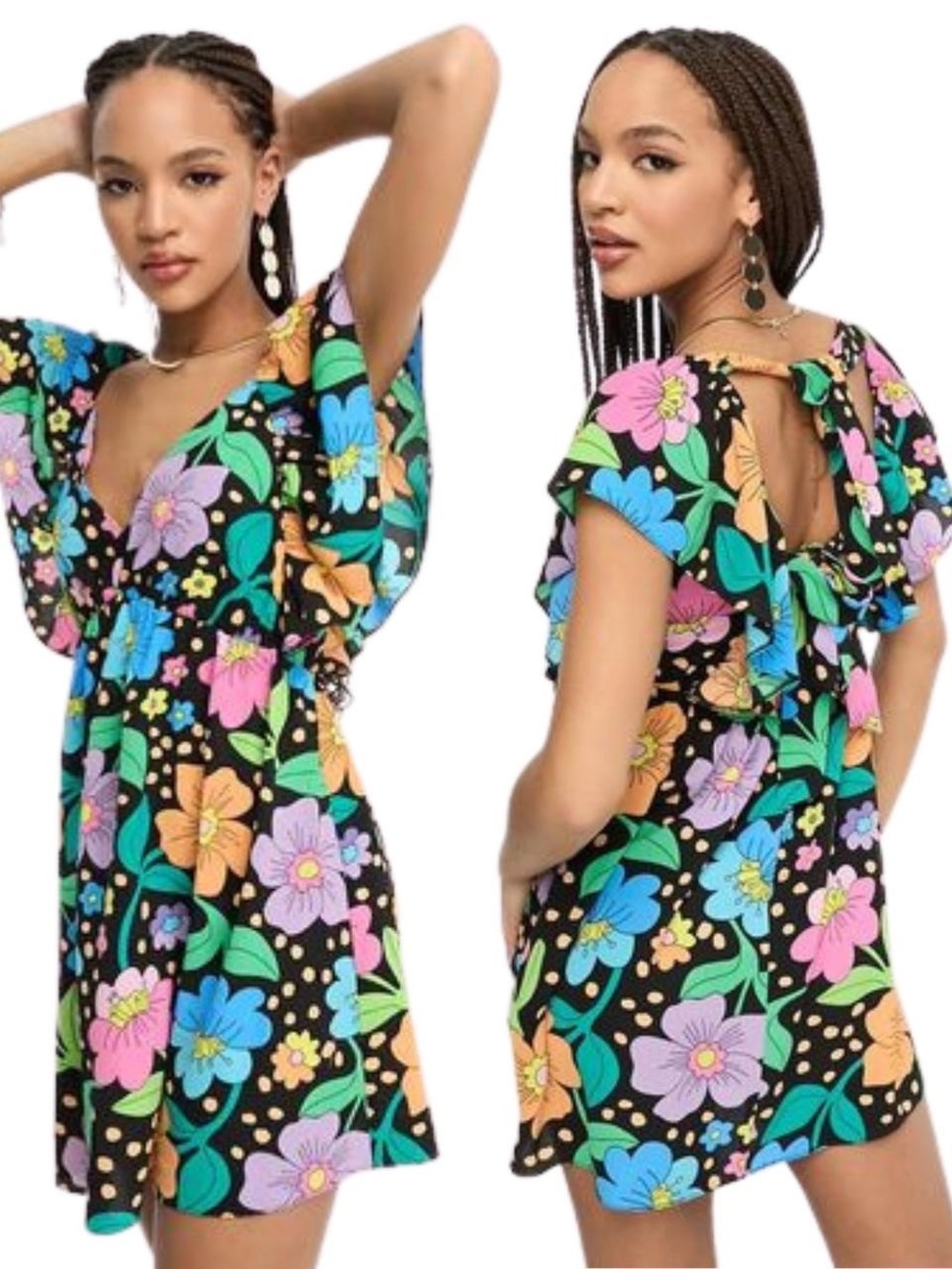 ASOS Festival Floral Multicolor Polka Dot Open Tie Back Mini Dress Women's US 14